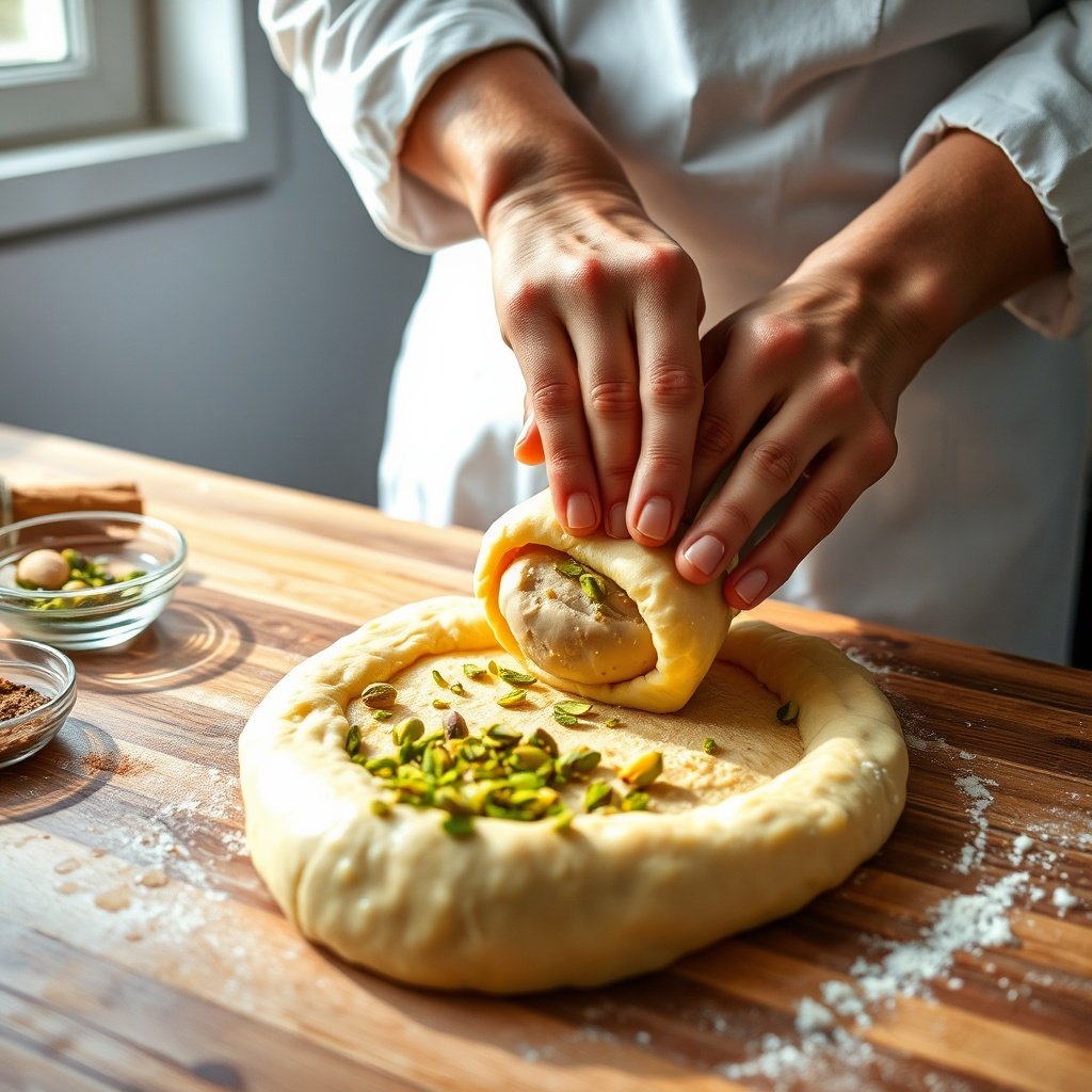 Authentic Moroccan pastries recipes in action: a baker crafting almond‑filled M’hanncha with spices, showcasing traditional techniques and ingredients