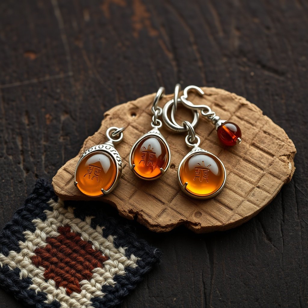 A collection of intricately engraved silver and amber jewelry resting on a handwoven textile, showcasing the materials and symbolism of authentic Berber crafts.