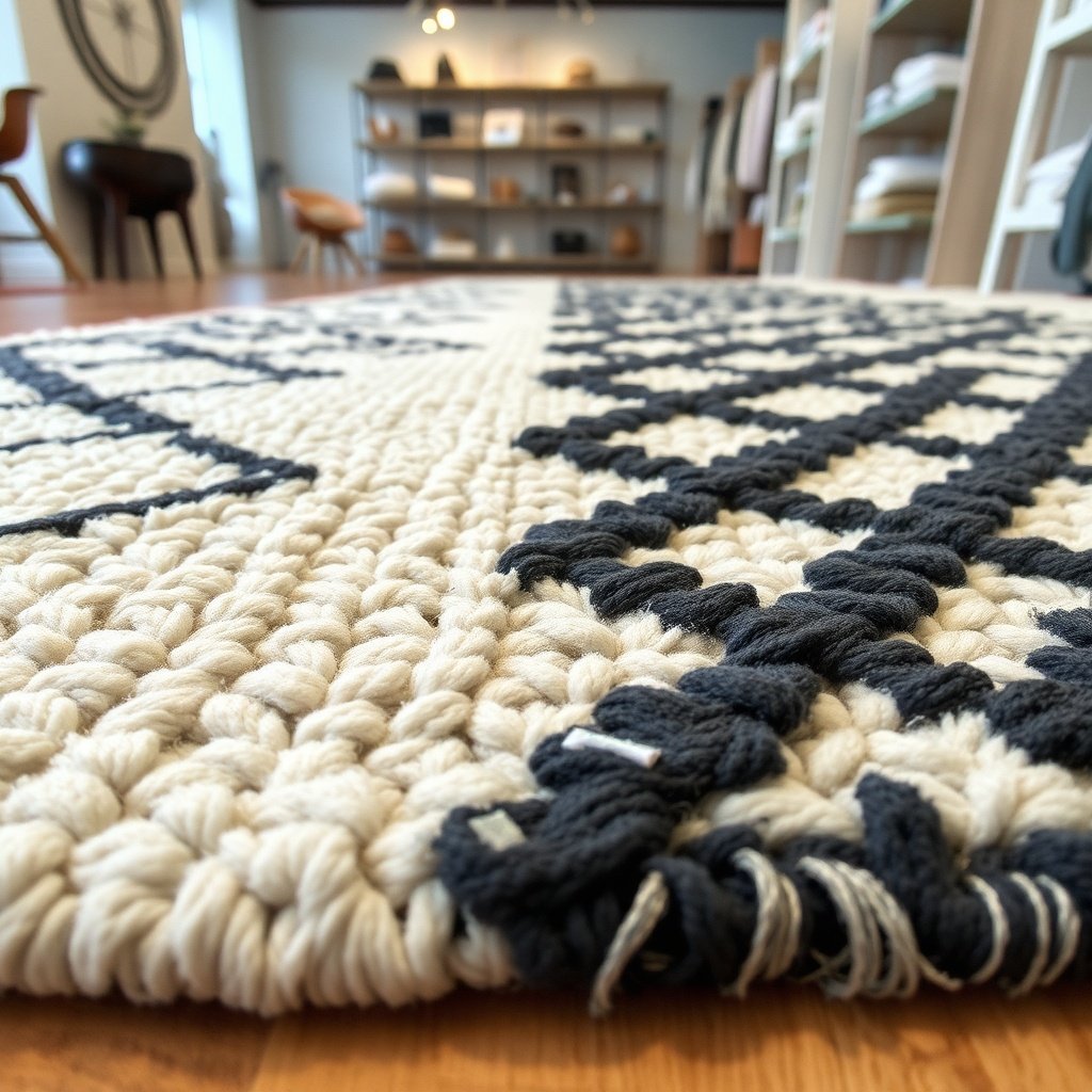Close‑up of an authentic Beni Ourain rug highlighting its hand‑knotted diamond design and plush texture, with a focus on ethical craftsmanship