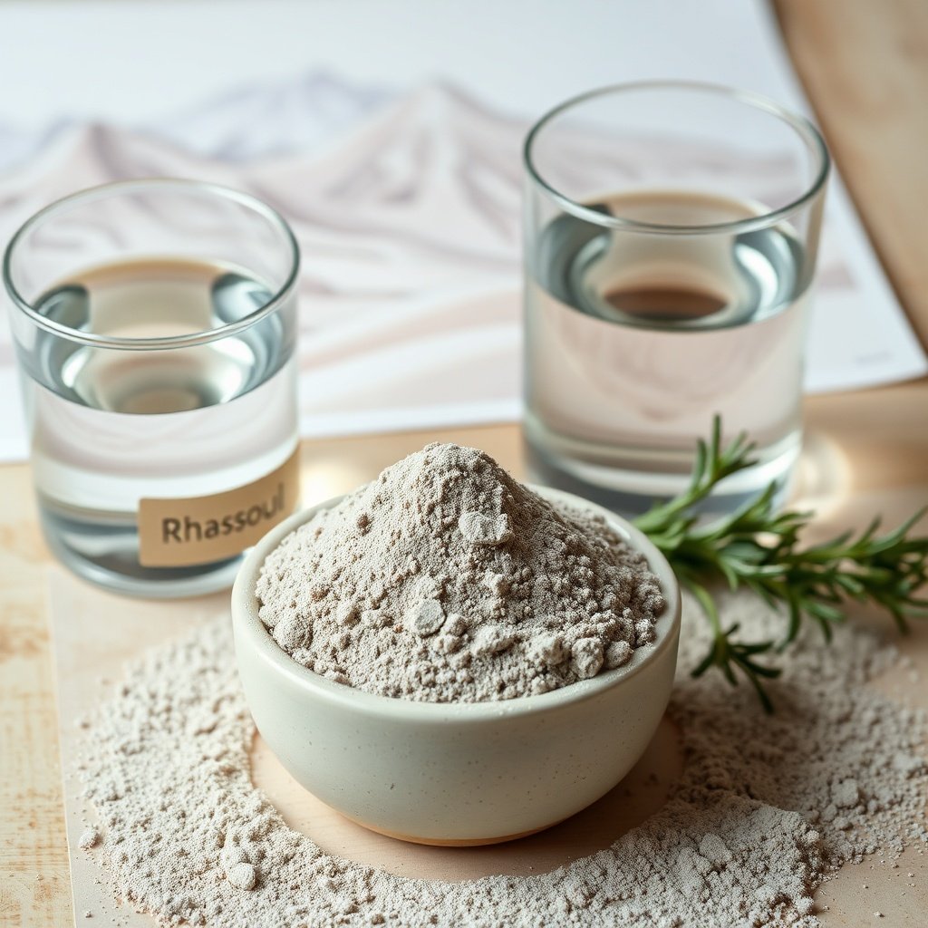 Flat lay of raw Rhassoul clay for acne with water bowl and Moroccan Atlas Mountains illustration