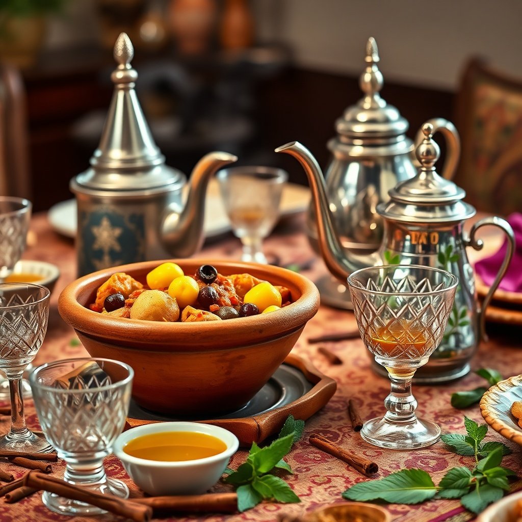 Authentic Moroccan party ideas showcasing a traditional tagine and mint tea service for a festive feast.