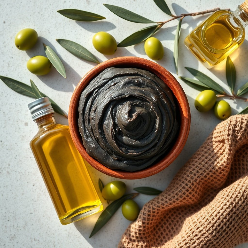 Rustic arrangement of Beldi soap olive oil paste and olives highlighting natural moisturizing and antioxidant skincare properties.