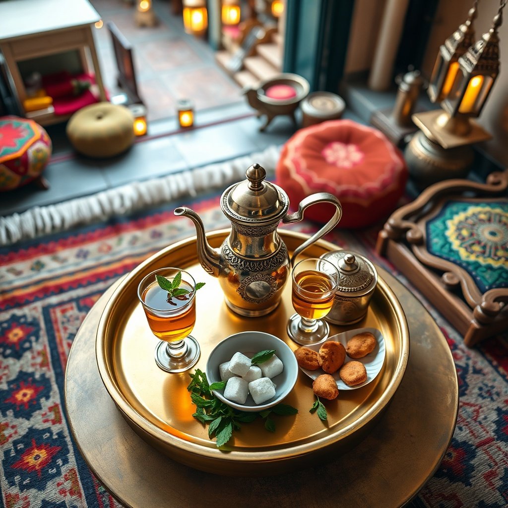 Moroccan tea time spread with teapot, mint, sugar cubes, and tea glasses on a brass tray, set on a Berber rug with poufs in a medina ambiance