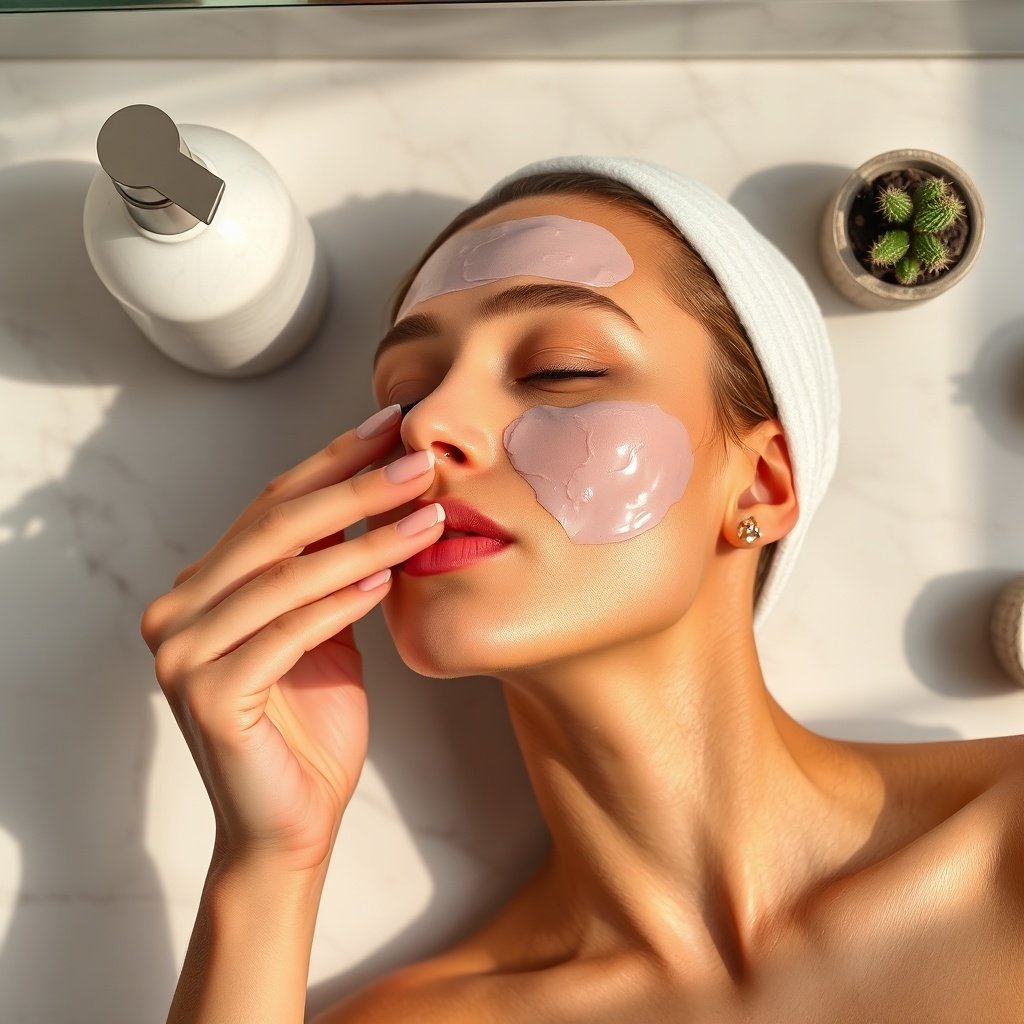 Woman applying a Rhassoul clay mask to her face in a spa‑like bathroom setting, highlighting the soothing mineral clay treatment
