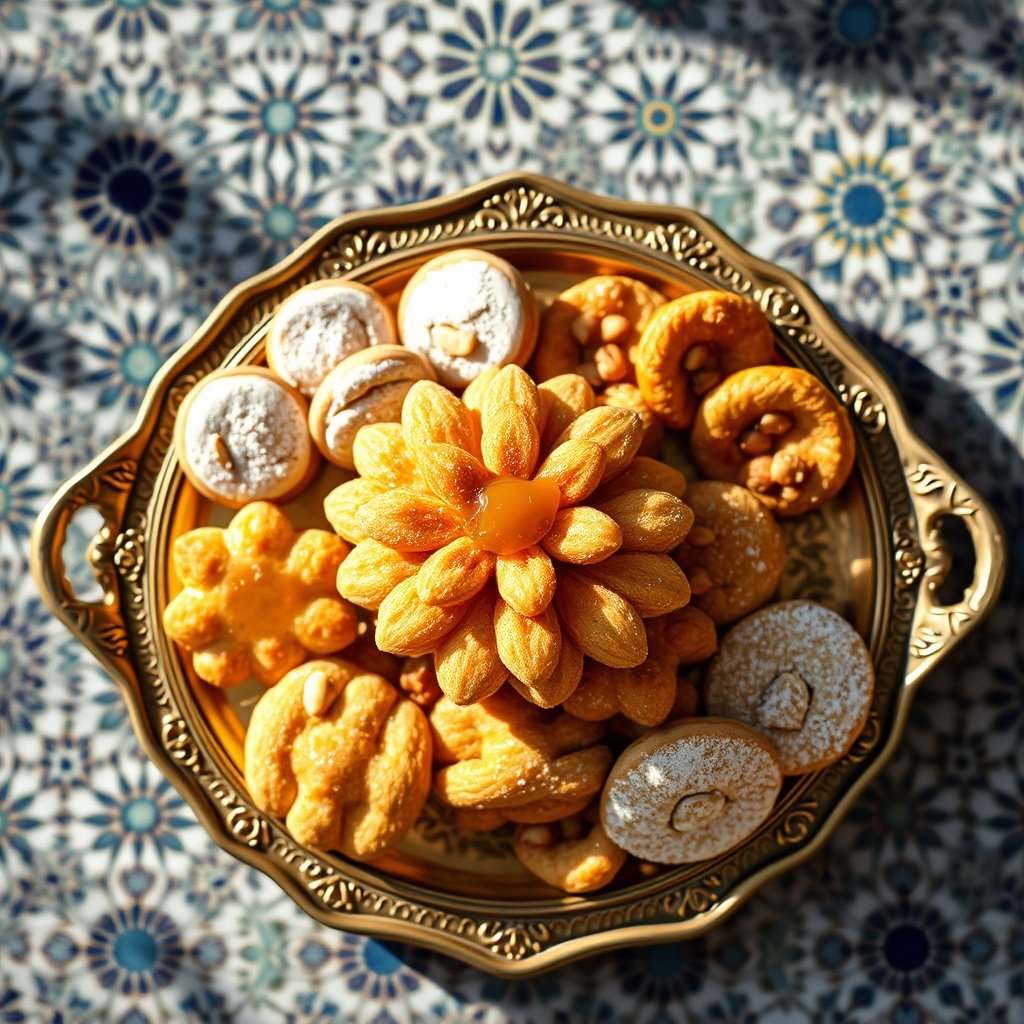 A decorative brass tray displaying a variety of traditional sweets including honey-glazed Chebakia and almond Briouats, perfect for a Moroccan pastries guide.