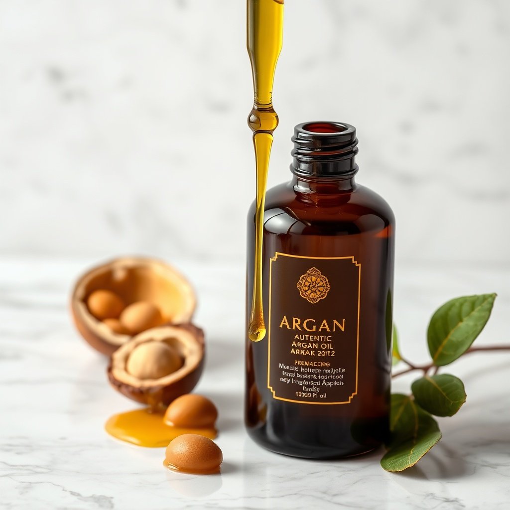 Amber bottle of pure authentic argan oil with dropper showing golden texture