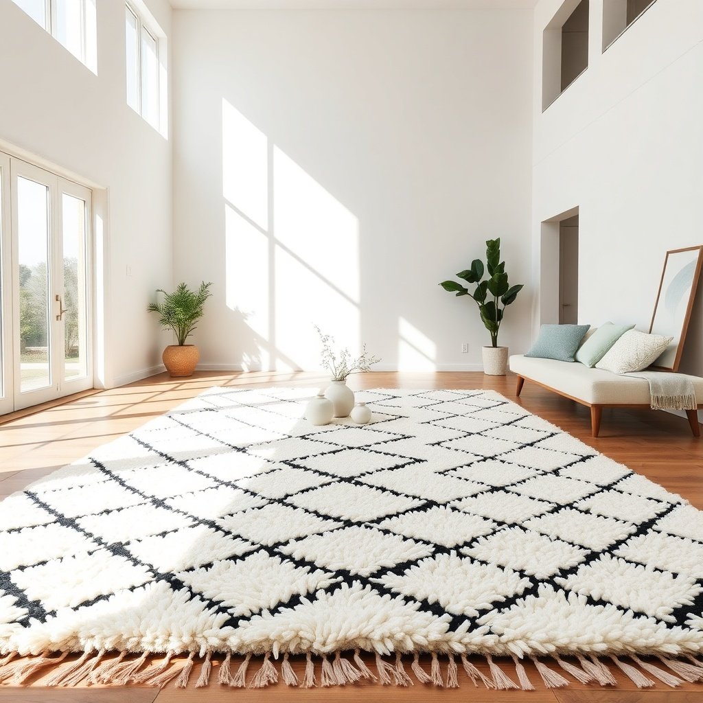 Luxurious Beni Ourain rug with geometric diamond pattern placed in a bright, warm minimalistic living room interior