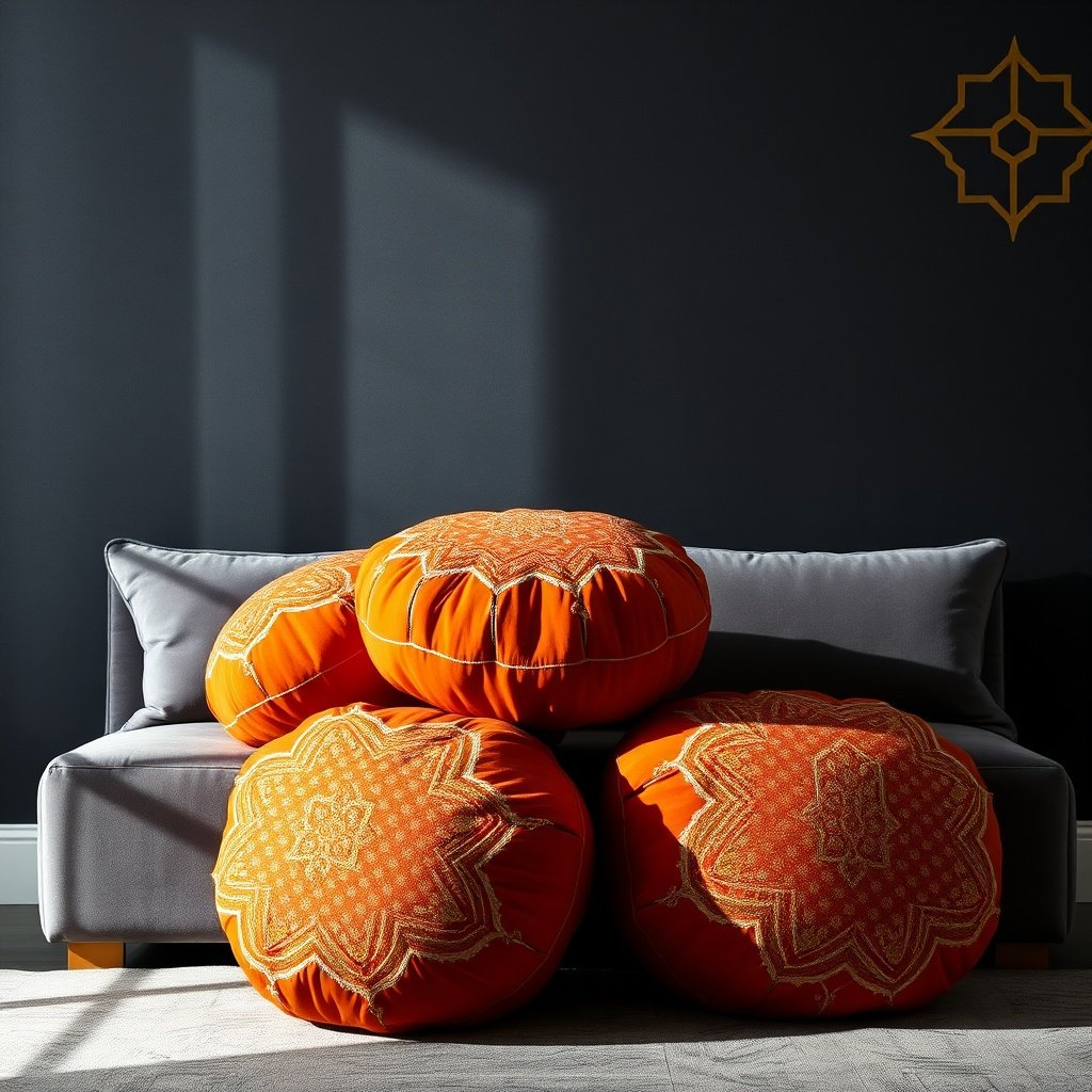 Stylish arrangement of best Moroccan poufs for living room with burnt orange and metallic gold accents