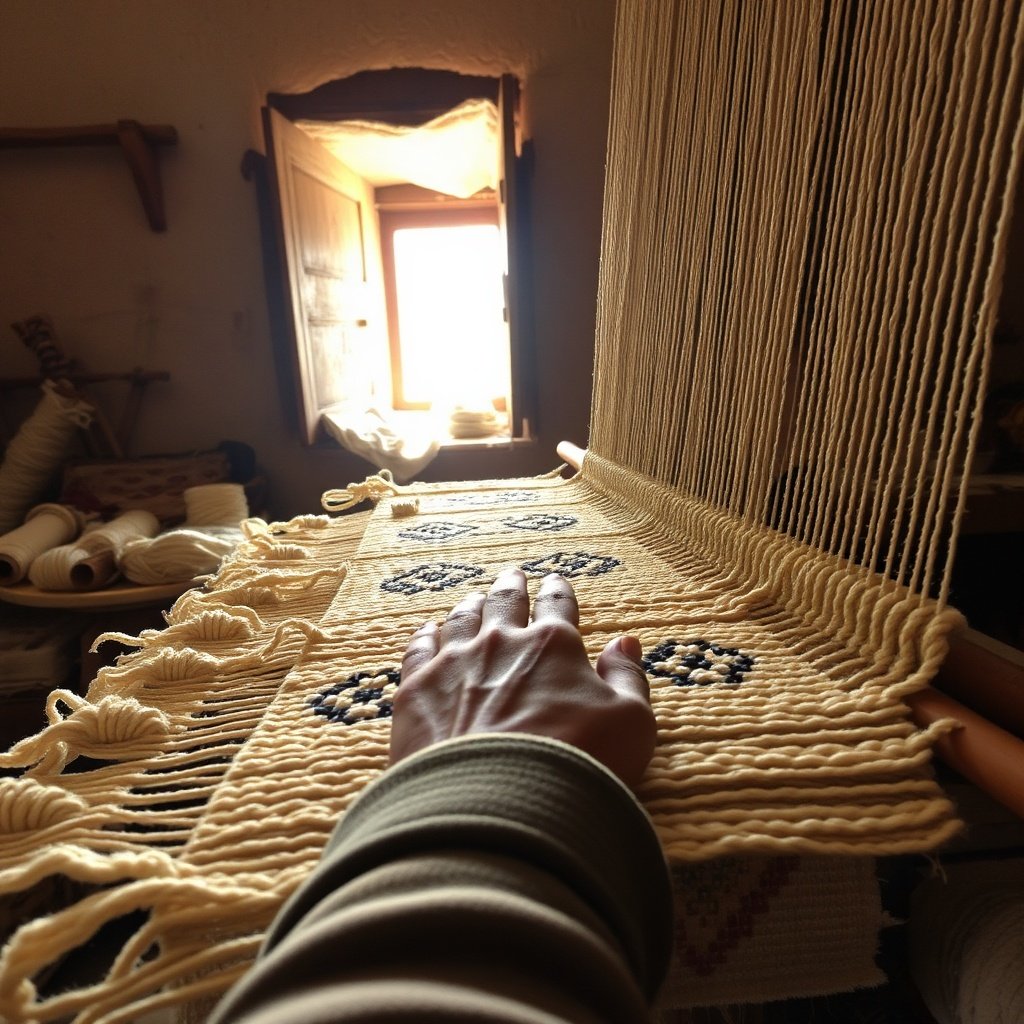 Handwoven Berber rug creation by Amazigh weaver, showcasing traditional knotting technique and natural wool in a Moroccan workshop