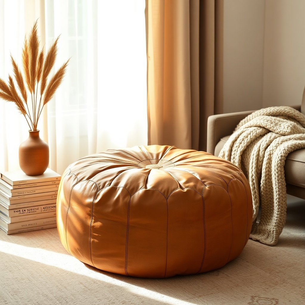 Fully stuffed authentic Moroccan leather poufs styled in a bohemian living room, illustrating how genuine hand-tanned leather seats enhance modern home decor