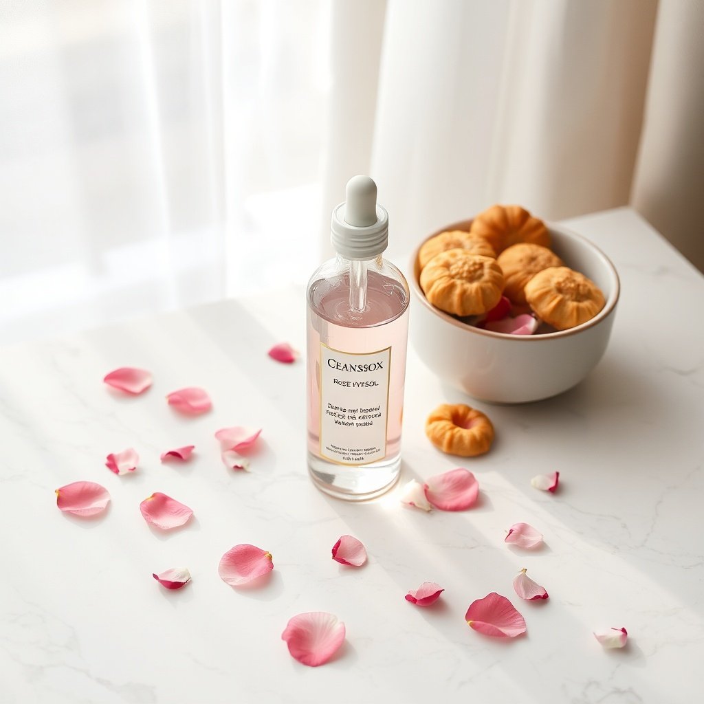 Clear glass bottle of pure Moroccan rose water displayed with fresh Damask rose petals and traditional pastries for skincare and culinary use