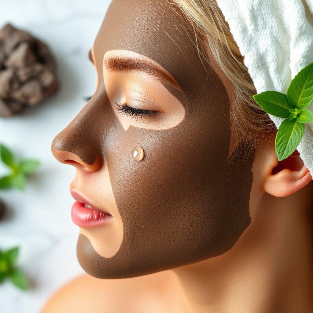 Glowing skin covered in a thick, evenly applied ghassoul clay mask facial treatment, showcasing its gentle adsorbing action and hydration-infusing formula for balanced complexions.