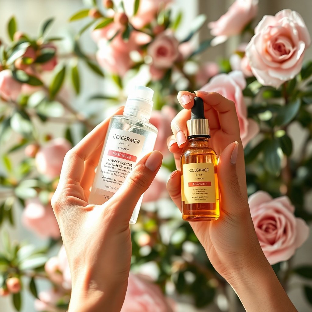 Step-by-step guide to layering argan oil and rose water, demonstrating how the refreshing floral toner hydrates first before the nourishing plant oil seals in moisture for balanced skincare.
