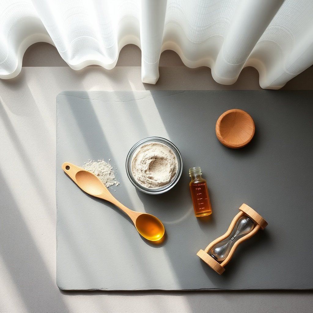 Educational flat lay illustrating how to navigate common ghassoul clay mask myths by adjusting application time, adding humectants, and preserving the skin barrier for optimal results.