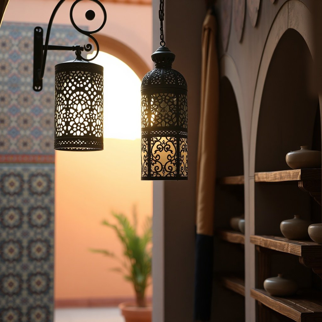 Artisanal Moroccan decor essentials highlighted by a pierced brass lantern casting geometric shadows over zellige tile walls and layered linens, demonstrating the style’s signature focus on light, texture, and handcrafted detail.