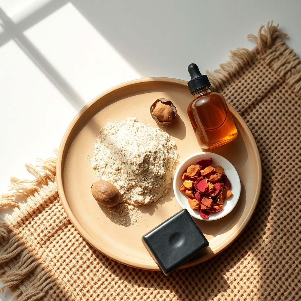 Flat lay of natural ghassoul clay, argan oil, and rose water ingredients essential to the Moroccan beauty ritual arranged on rustic ceramics