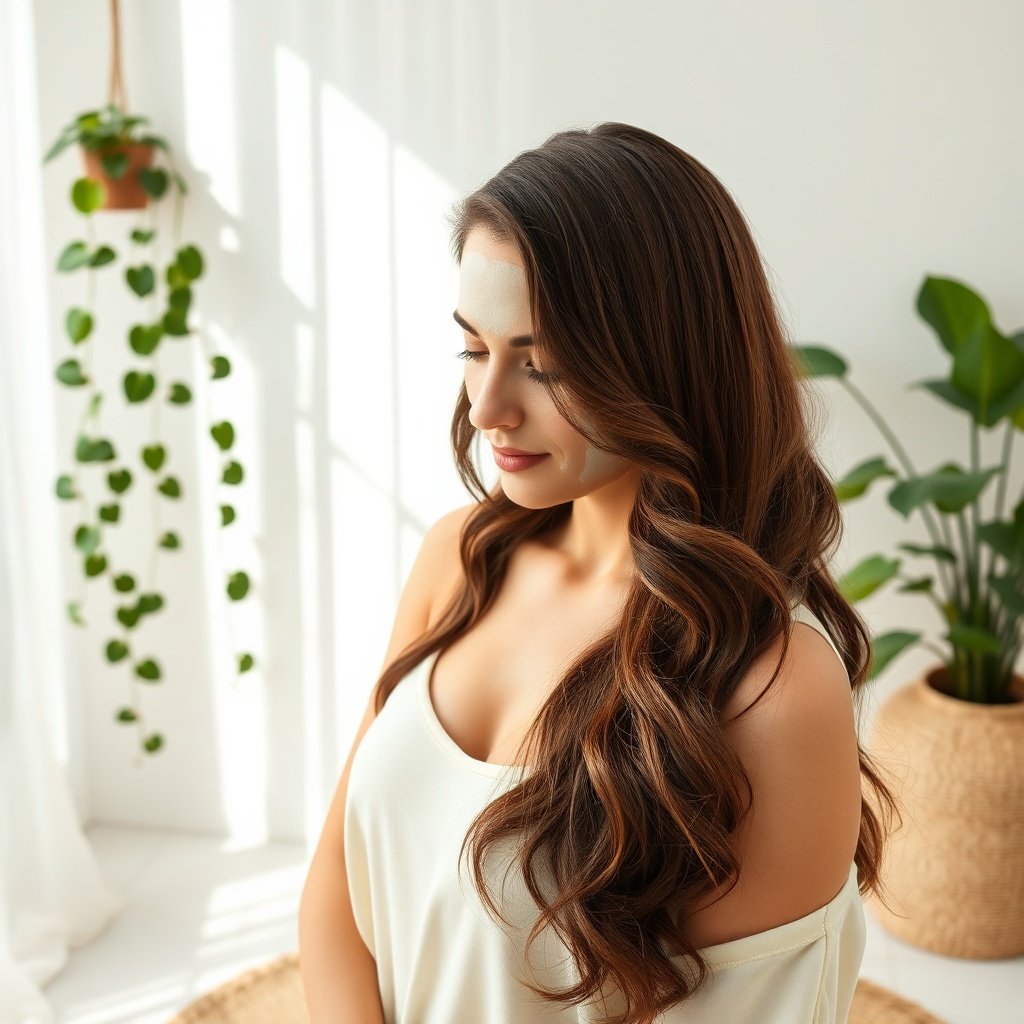 Woman massaging a hydrating ghassoul clay hair treatment into her scalp and roots, demonstrating a gentle clarifying method that removes product buildup while preserving natural moisture.