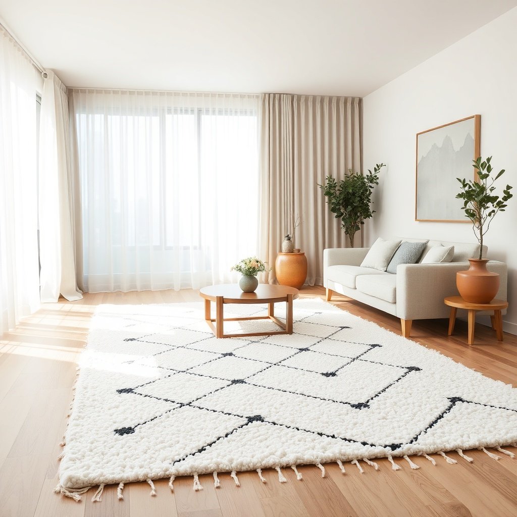 Plush white berber rug with black geometric patterns styled in a bright modern living room, showcasing its versatility as a decorative floor covering that complements minimalist interior design and bohemian aesthetics.