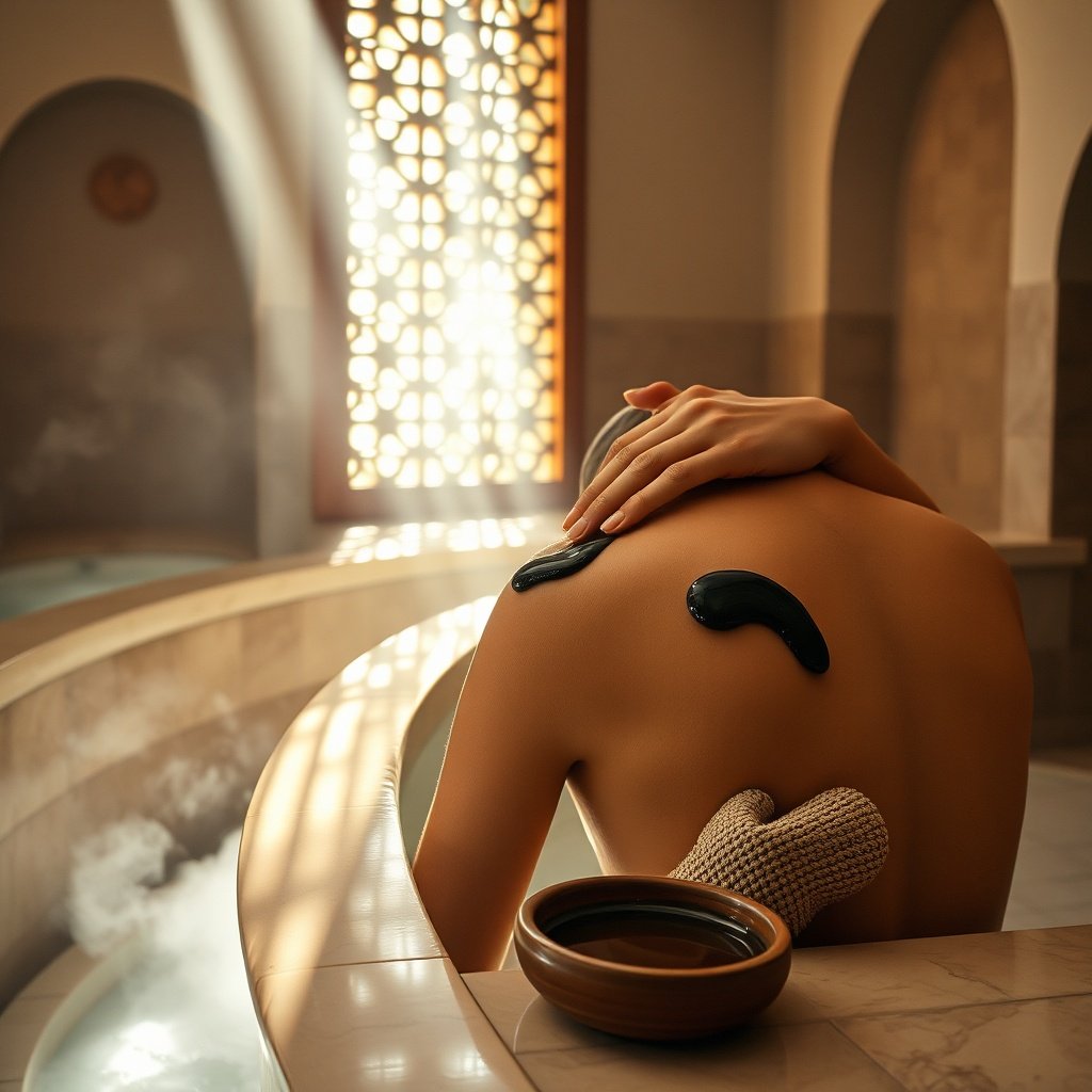 Hands applying moroccan black soap during a traditional hammam skin preparation ritual, paired with a Kessa exfoliation glove and argan oil in a steamy stone bathhouse