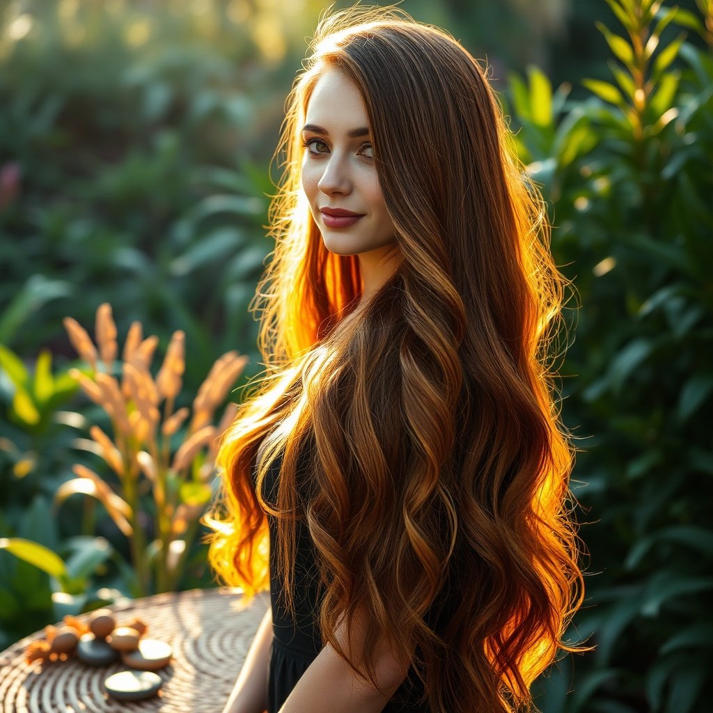 Vibrant, multi-tonal copper-brown hair resulting from a natural henna hair treatment, showcasing lasting plant-based color, enhanced shine, and strengthened protein bonds.