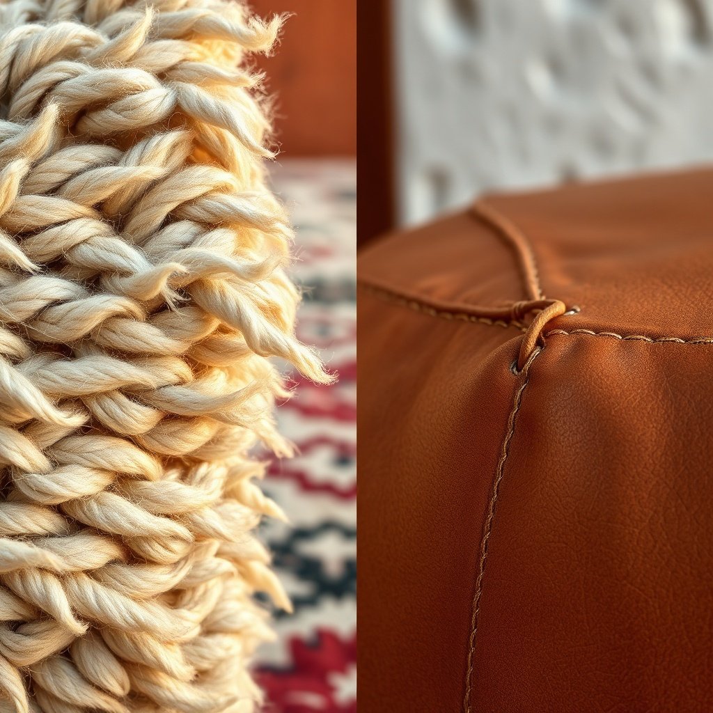 Macro details illustrating the Berber rug vs Moroccan pouf distinction: thick hand-knotted wool texture with tribal patterns versus smooth vegetable-tanned leather with artisan stitching.