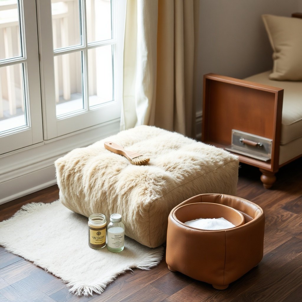 Thoughtfully arranged care essentials beside a genuine vegetable-tanned seat, visually explaining key Moroccan leather pouf pros and cons such as regular conditioning, sunlight sensitivity, and natural scent dissipation.