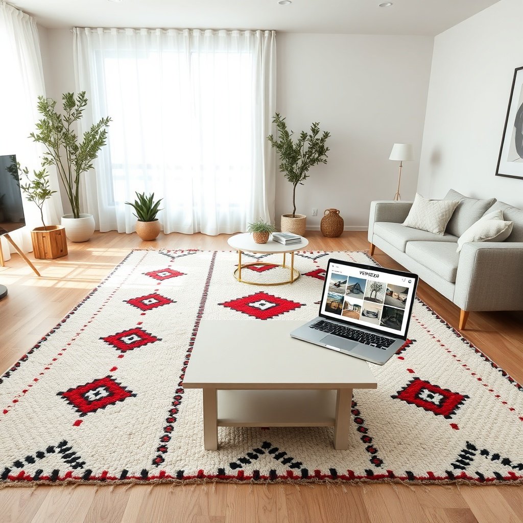 Modern living room featuring an authentic handwoven Berber rug, demonstrating how shoppers can confidently buy berber rug online by reviewing detailed product photography and seller verification steps.