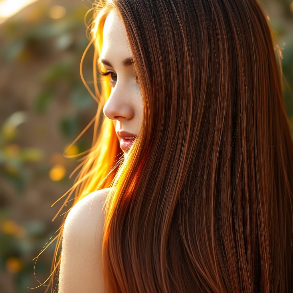 Luminous results of henna hair treatment showcasing deeply conditioned, multi-dimensional copper red hair with a natural translucent stain that bonds with keratin.