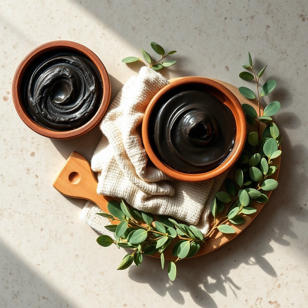 Essential supplies for performing a DIY hammam at home, including black soap, a kese mitt, and towels arranged for a thorough Turkish bath cleansing ritual.