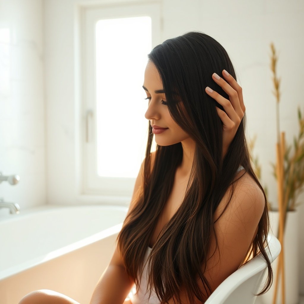 A woman carefully applying natural henna for hair benefits to show how the plant-based paste coats and conditions each strand for lasting color and a protective outer layer.