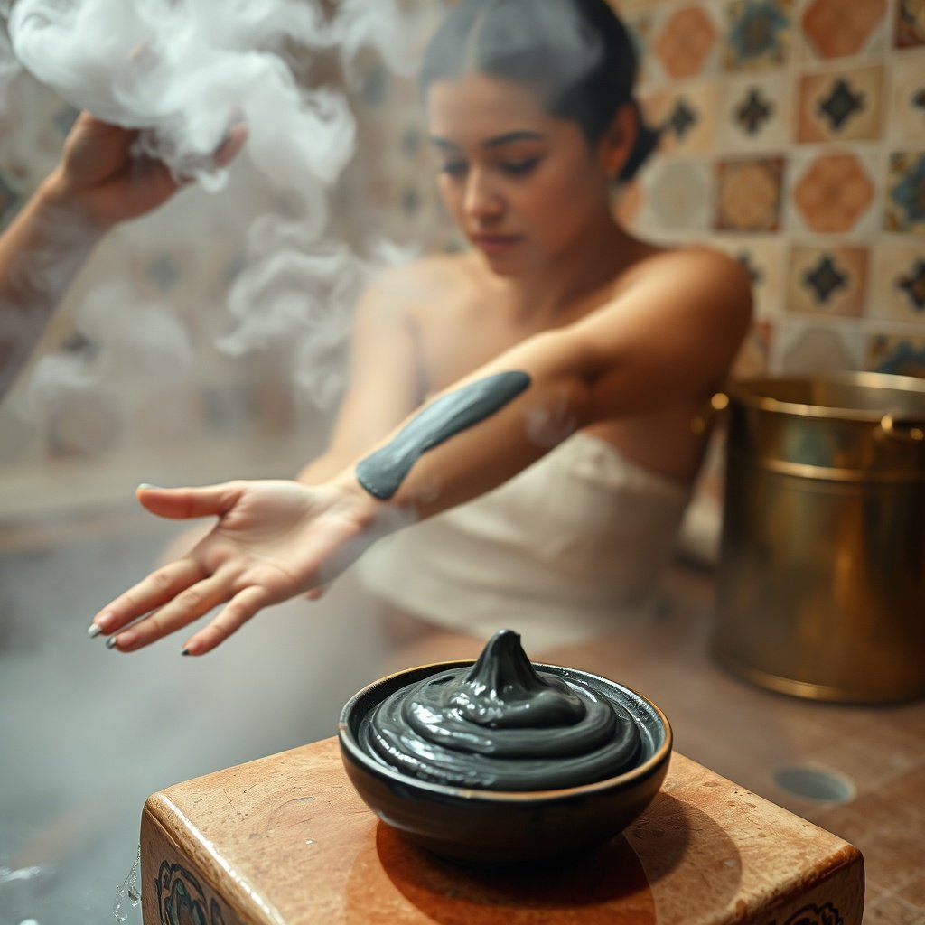 Applying moroccan black soap in a hammam while rhassoul clay mask is prepared, showing the difference in use for exfoliation and detoxification