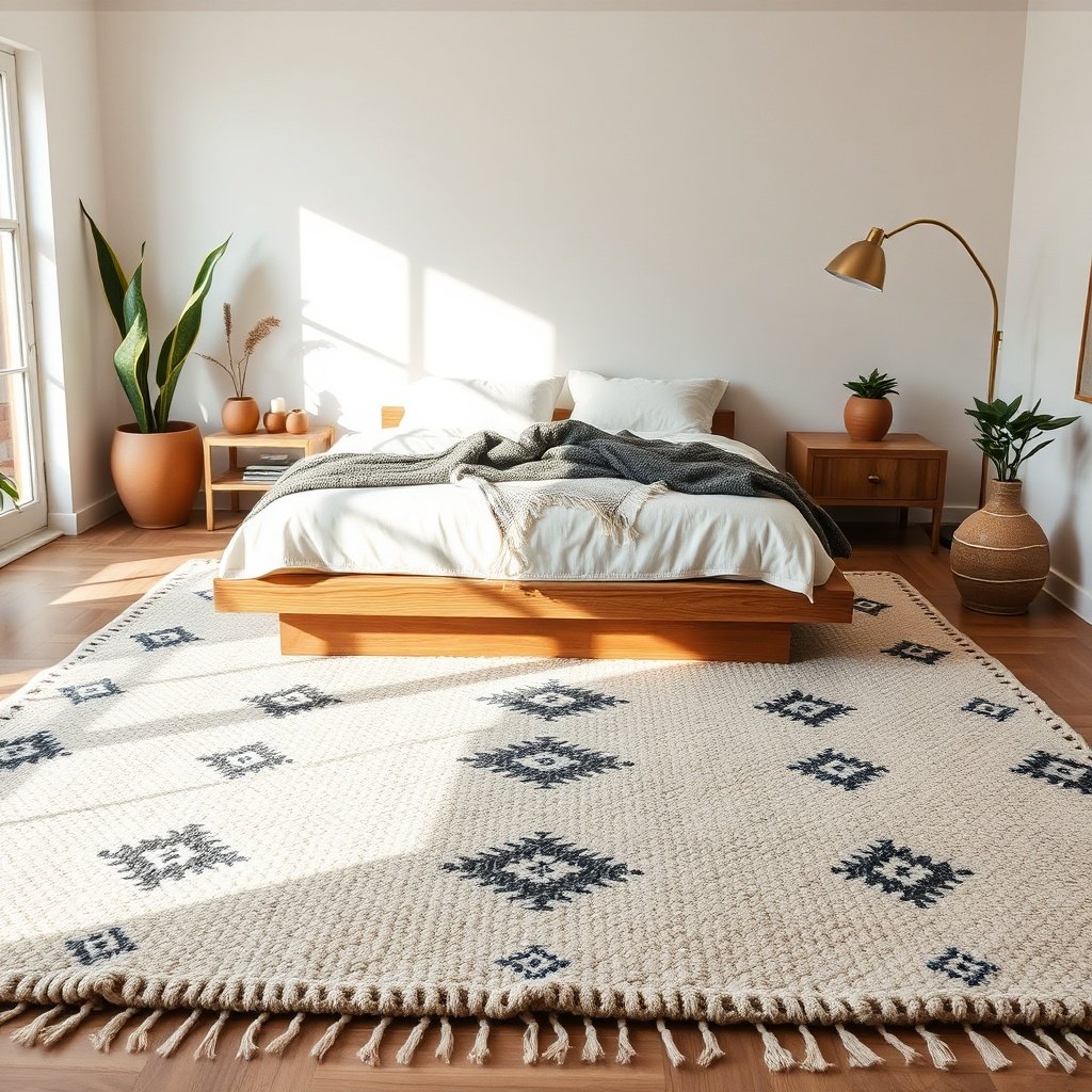 Creative Berber rug styling ideas illustrated by a handwoven Moroccan floor covering with subtle tribal geometry used to define a bedroom zone while harmonizing with solid-toned furnishings and organic textures.