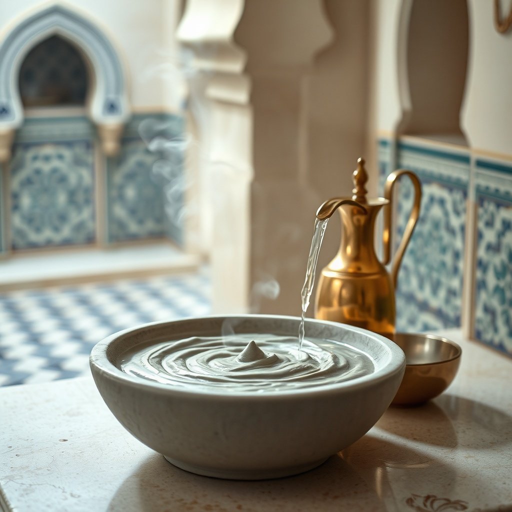 Serene hammam-inspired scene featuring a ghassoul clay mask and rose water pour, representing the tradition of ritual-based Moroccan beauty products and sustainable skincare routines.