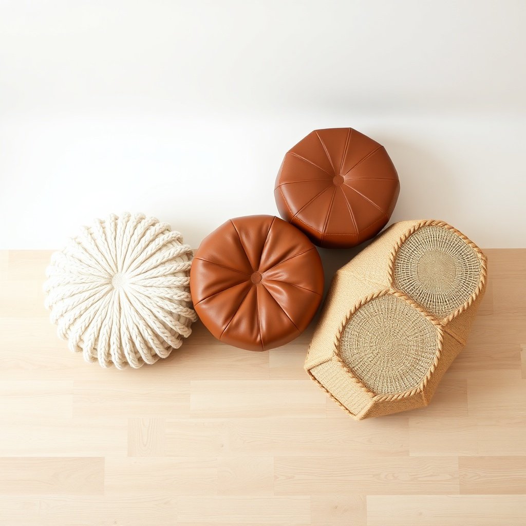 Curated selection of textured mypouf designs featuring knit, leather, and woven materials for versatile home styling