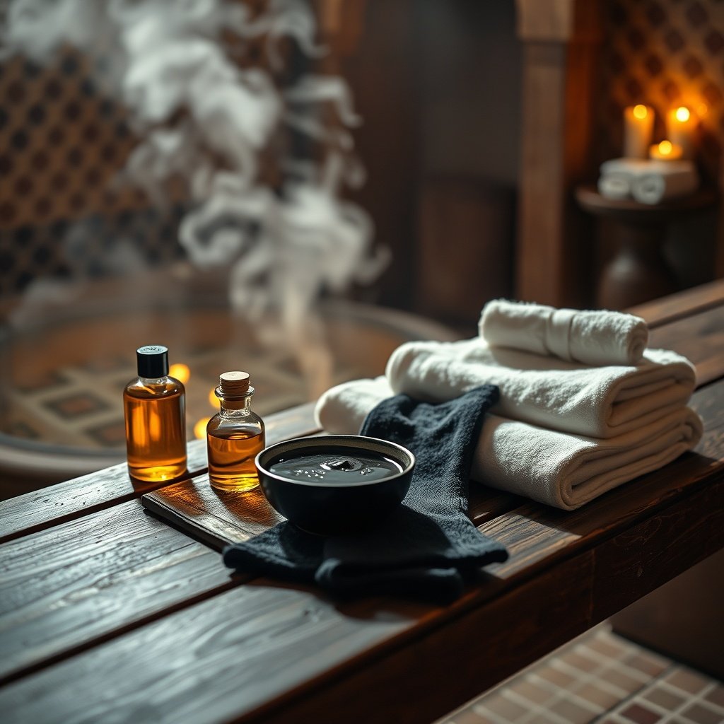 Moroccan exfoliating glove benefits: traditional hammam essentials with kessa glove, black soap, and argan oil for full-body exfoliation.