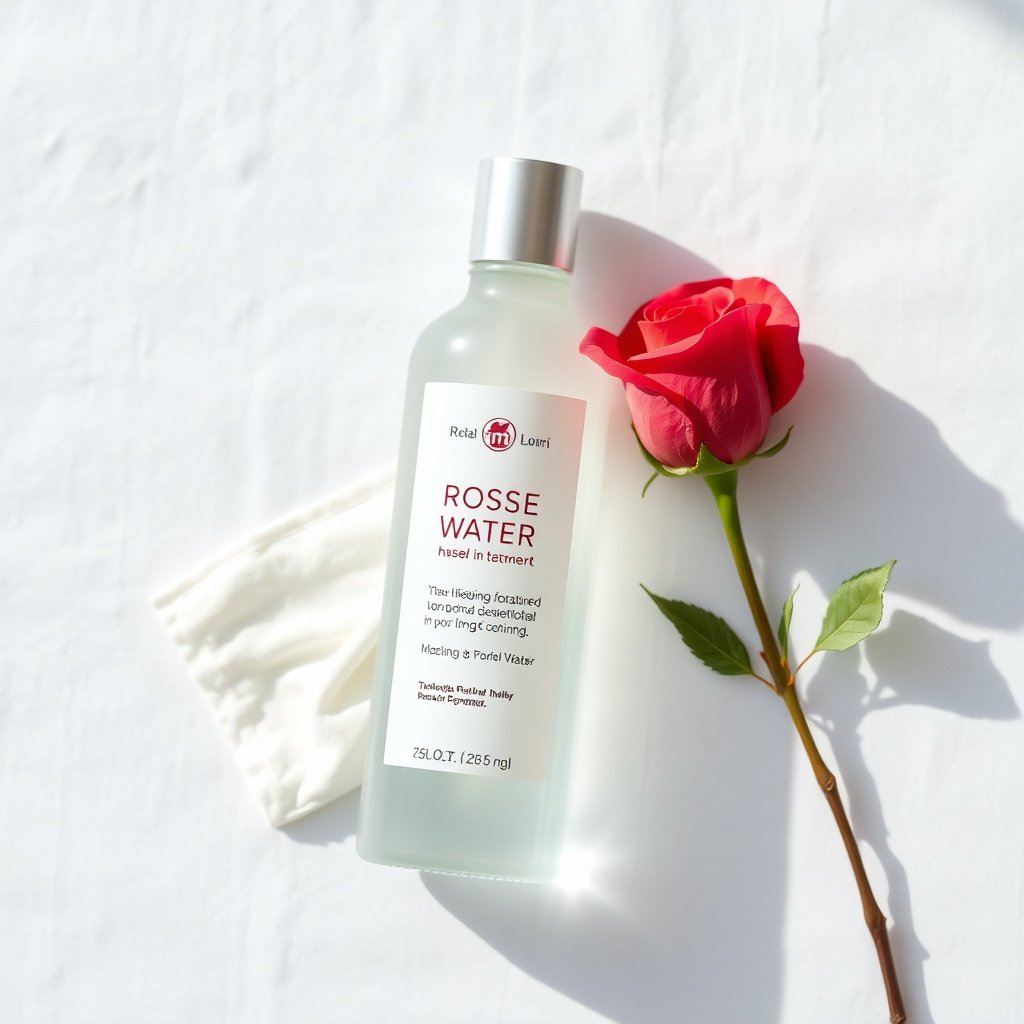 A clear glass bottle of rose water toner next to a fresh rose and cotton pad, illustrating the use of Moroccan rose water benefits for skin as a hydrating, pore-minimizing, and soothing facial mist.