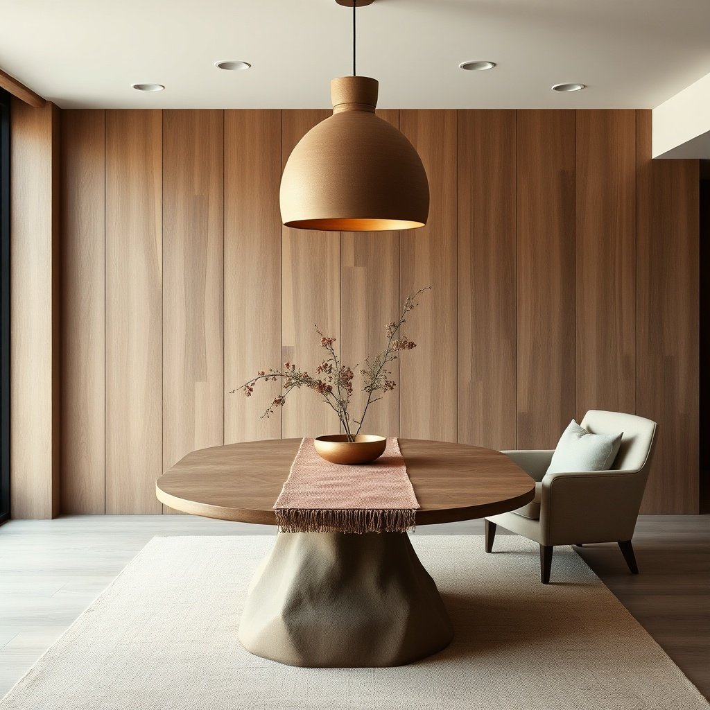 Dining area highlighting sustainable Moroccan home decor trends with handwoven textiles, sculptural clay furniture, and monochromatic earthy textures.