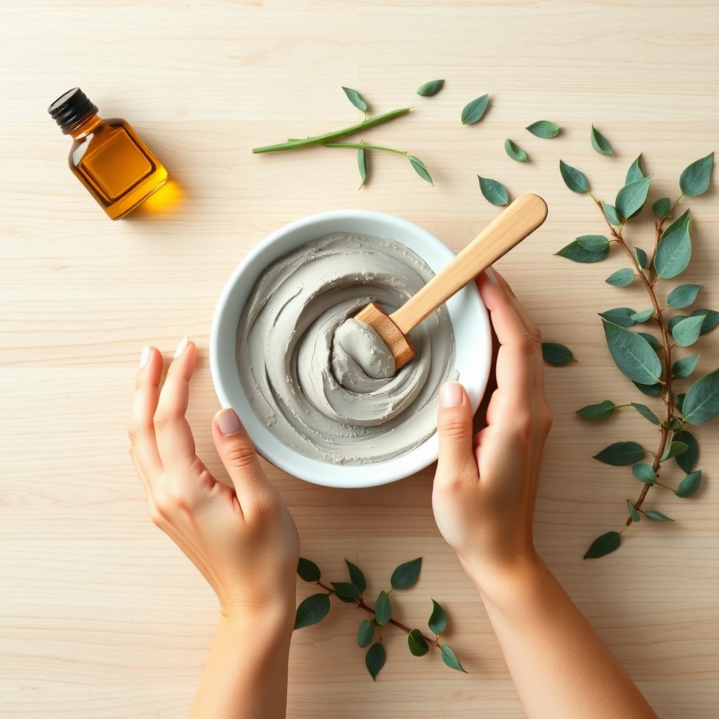 Hands mixing ghassoul clay uses for a homemade hair mask, showcasing the activation of smectite minerals with natural oils for gentle impurity removal.