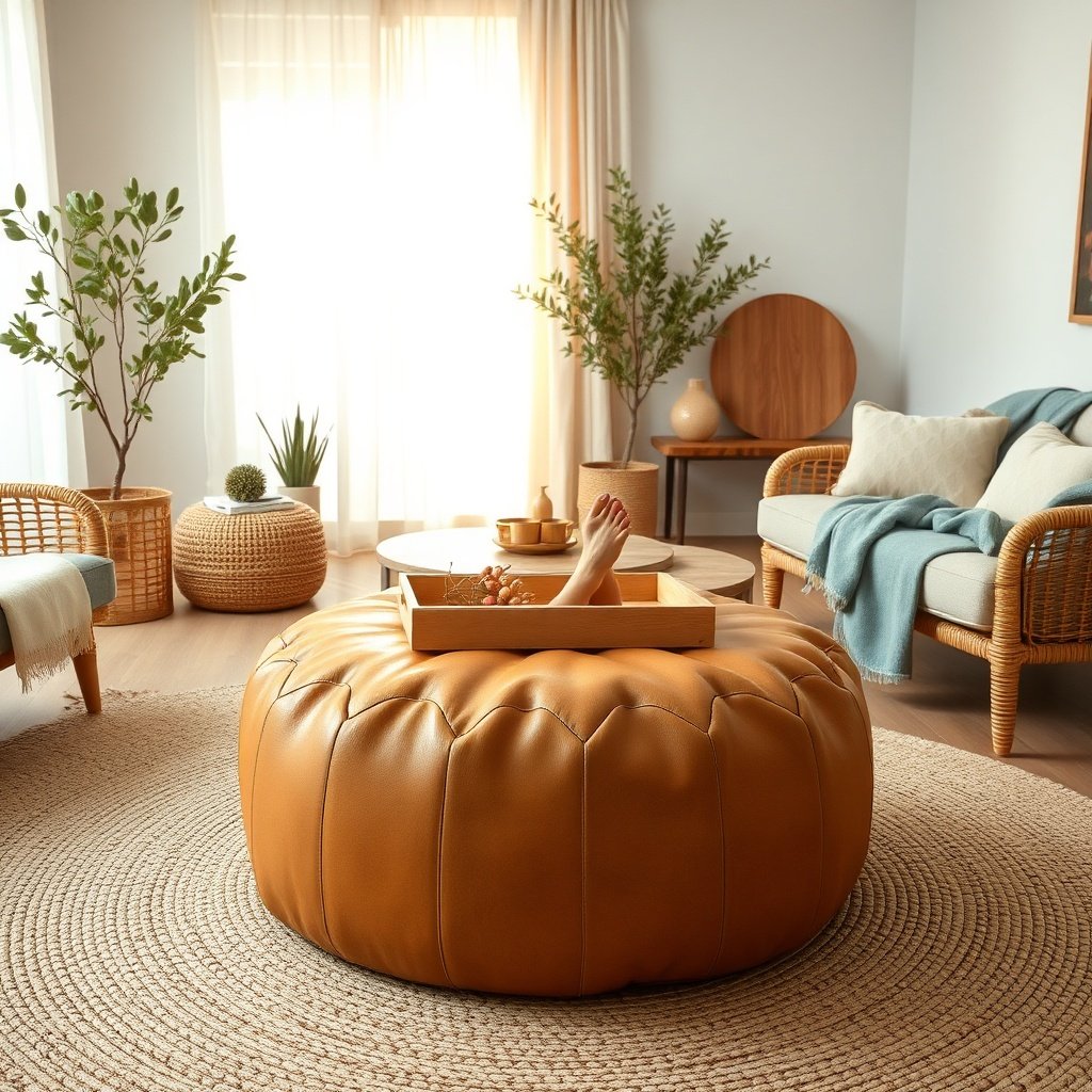Stylish living room featuring a versatile moroccan leather pouf used as extra seating, a comfortable footrest, and a decorative coffee table base with a wooden tray, surrounded by bohemian home decor