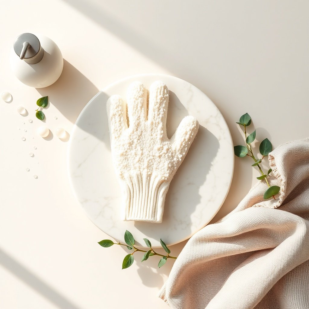 A damp Kessa Glove laid out on a clean marble surface alongside soothing bath essentials, illustrating the proper preparation steps for safe physical body exfoliation and long-term reusable skincare maintenance.