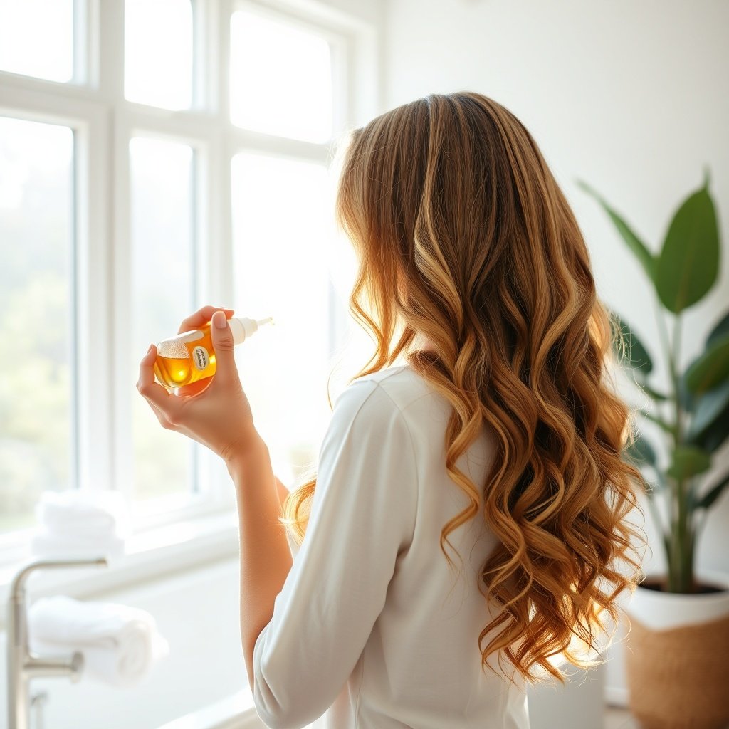 Woman applying best organic argan hair oil to damp curly hair, with visible shine and healthy texture, in a bright natural bathroom setting, illustrating proper usage for thick hair.
