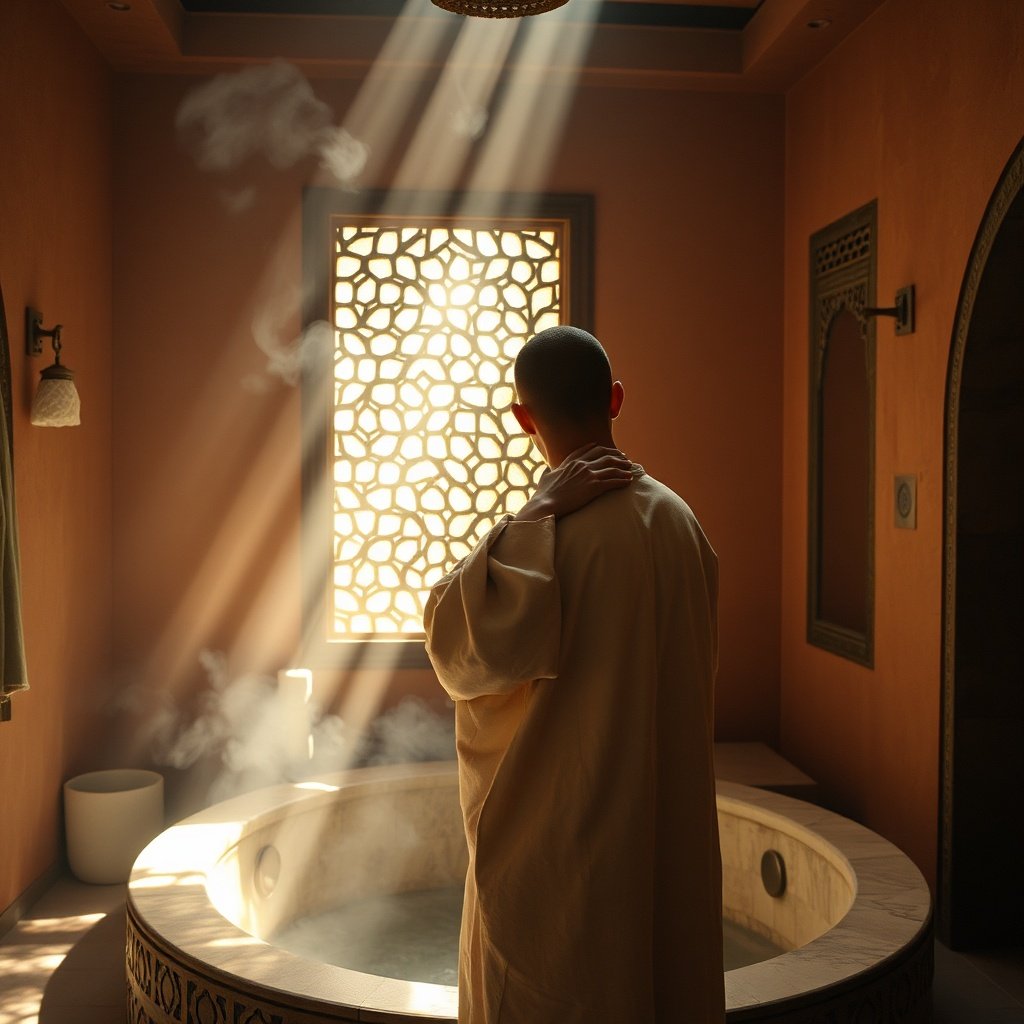 Restorative hammam bathing scene illustrating the purification step of Moroccan beauty rituals, featuring ethically sourced rhassoul clay application, steam-filled stone architecture, and holistic self-care practices.