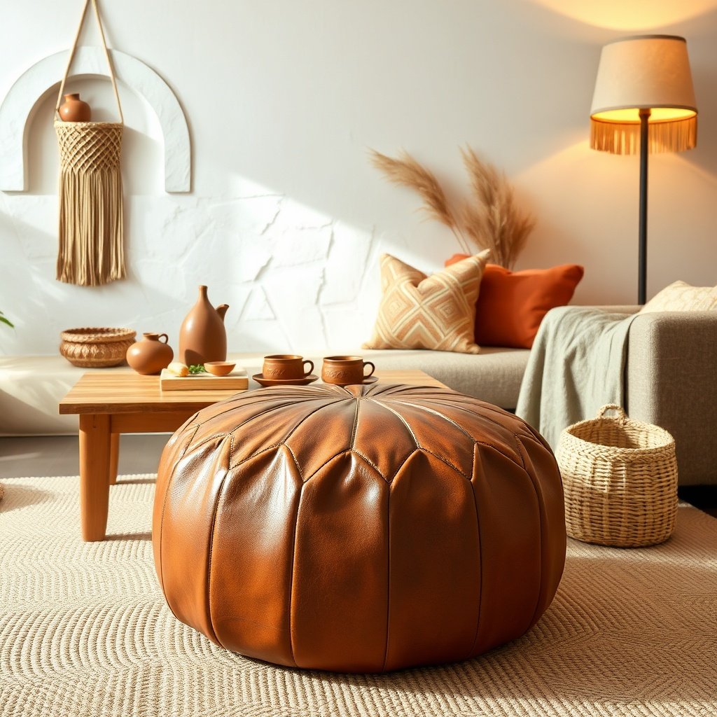 Finished DIY Moroccan leather pouf in a cozy living room setting with jute rug, wooden coffee table, and warm ambient lighting, showcasing the handcrafted home decor piece