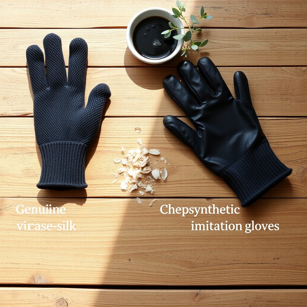 Comparison of authentic viscose-silk kessa exfoliating glove versus cheap synthetic imitation on a wooden table, showing texture differences and dead skin flakes, helping shoppers decide if a kessa exfoliating glove is worth investing in