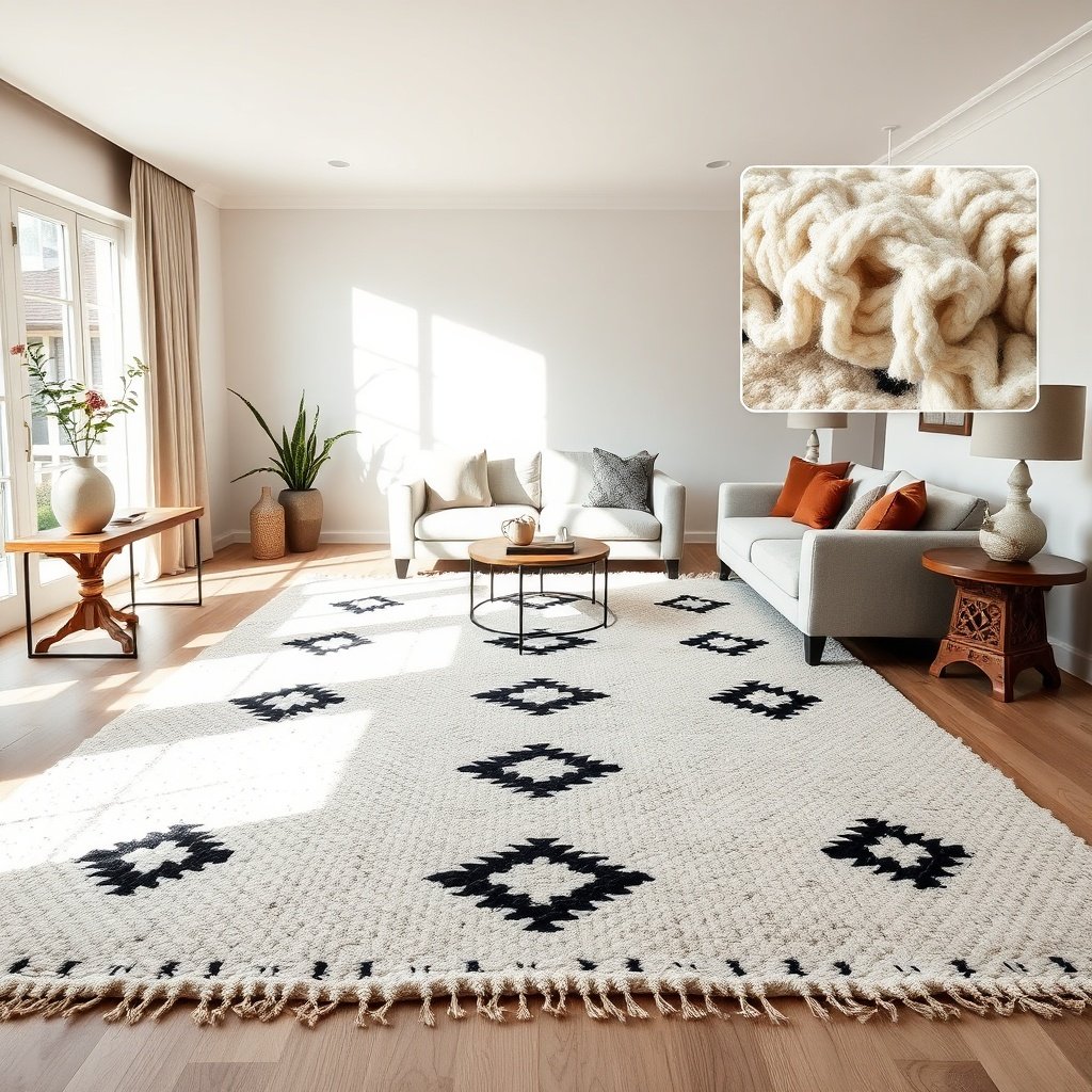 Vintage berber rugs styled in a modern minimalist interior, emphasizing natural wool texture, traditional Amazigh geometric patterns, and the dense hand-knotted construction that distinguishes authentic Moroccan designs from mass-produced imitations.