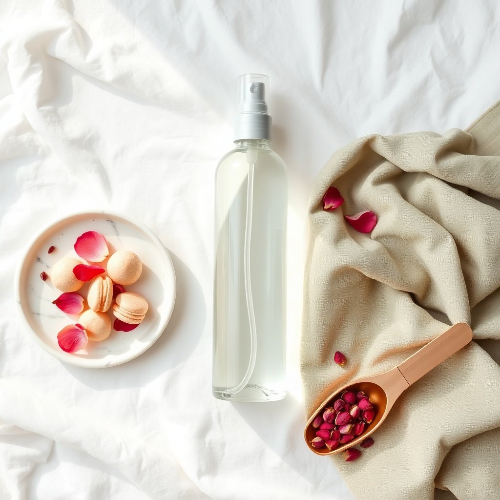 Versatile Moroccan rose water displayed in a clear glass bottle alongside culinary treats and natural skincare essentials, highlighting its authentic floral and cosmetic applications