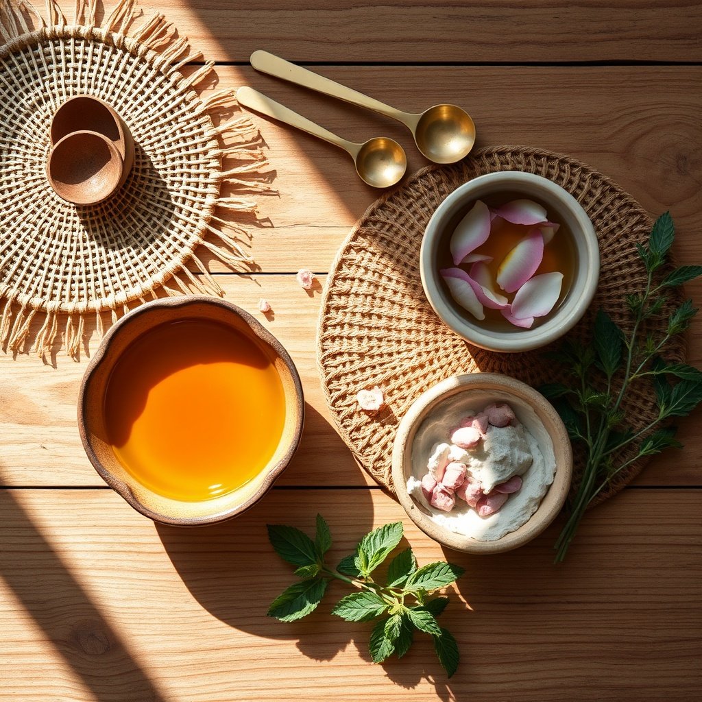 Artisan arrangement of liquid argan oil, rose water, and healing clay demonstrating the nourishing pillar of Moroccan beauty rituals, highlighting natural ingredients used for holistic skin care.