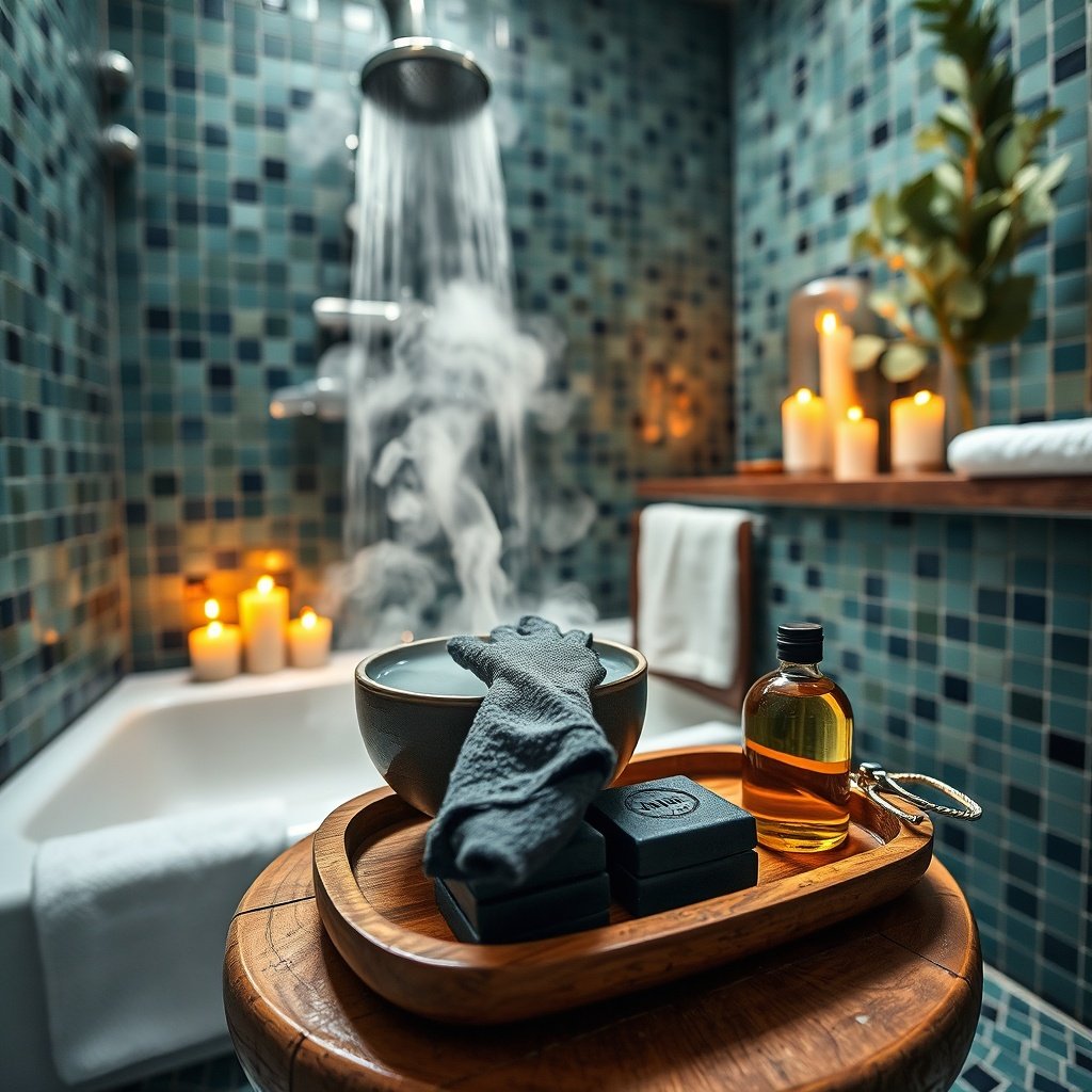 Traditional hammam steps at home: a complete setup with kessa glove, black olive soap, argan oil, and steam, ready for a Moroccan bath ritual.