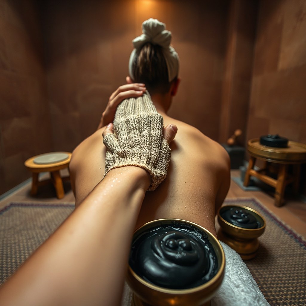See exactly what to expect at a traditional Moroccan hammam as an attendant delivers a thorough full-body scrub with a kessa glove and signature black soap for deep exfoliation and relaxation.