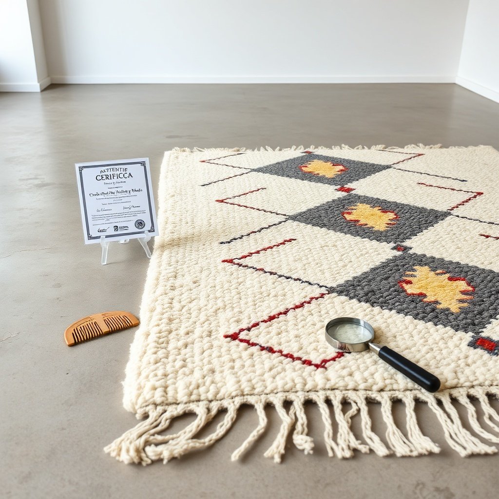 Detailed overhead shot of a verified authentic Berber rug with traditional tribal patterns, accompanied by artisan documentation and texture close-ups to help shoppers identify genuine handmade carpets when purchasing authentic Berber rugs online safely.